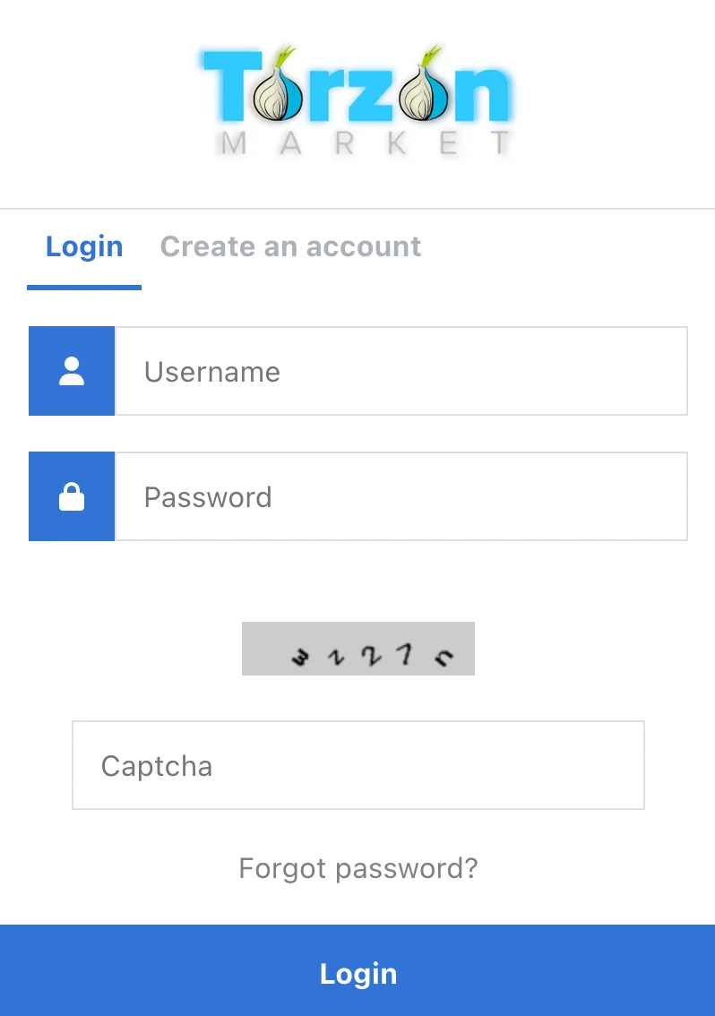 Screenshot of Tor Browser with the TorZon Darknet Market onion URL entered in the address bar, showing the TorZon Darknet Market login page with its distinctive logo and secure login form